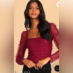 Lulu’s Burgundy Tulle Ruched Long Sleeve Bodysuit — size XL — New with tags